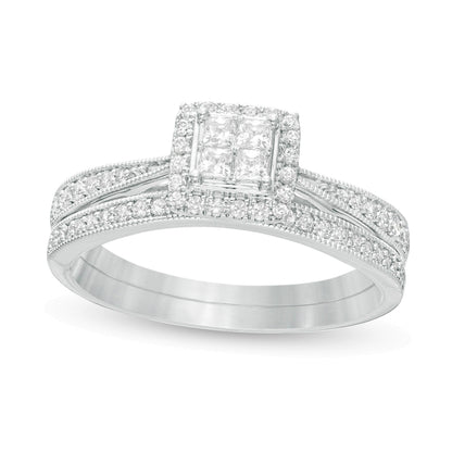 0.38 ct. Gesamtgewicht Brautset im Vintage-Stil mit Diamanten im Princess- und Rundschliff in 10K Weißgold
