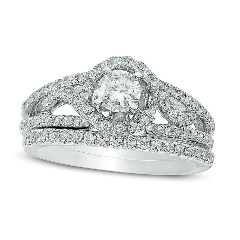 0,75 ct. Gesamtgewicht Diamant Brautset mit Rahmen und geteiltem Ringschienen-Design in 10K Weißgold