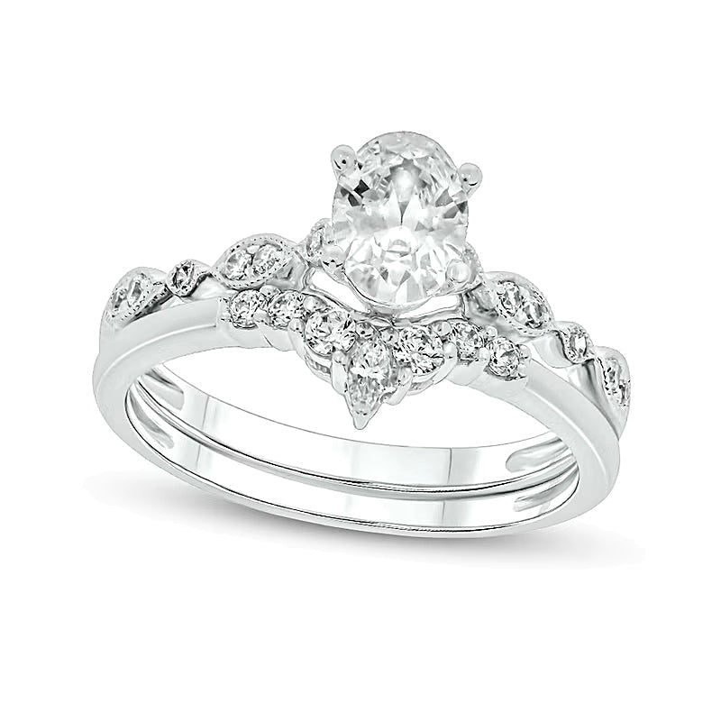 0,75 ct. Gesamtgewicht Brautset mit ovalem Diamant im Vintage-Stil aus 14K Weißgold (I/I2)