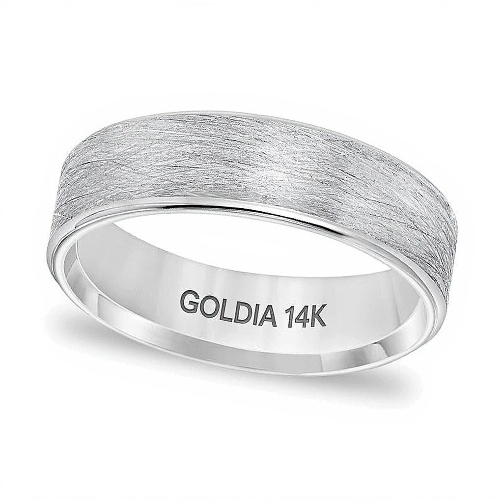 6,0mm Ehering mit Komfortschliff, gebürsteter Drahttextur in 14K Weißgold