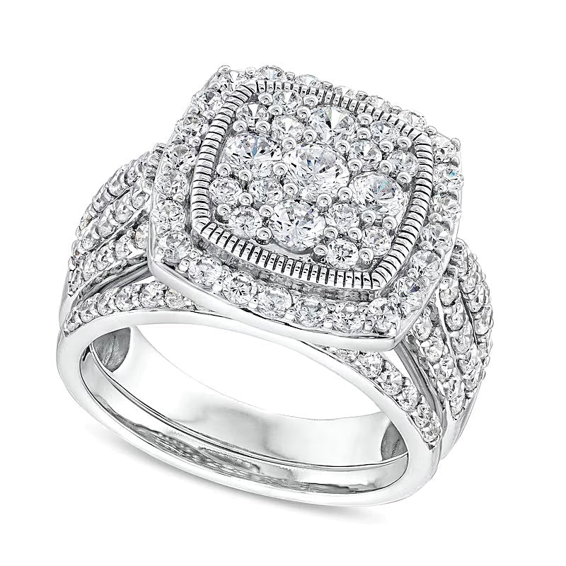 Vintage-Braut-Set mit Diamanten-Rahmen in Kissenschliff, geteiltem Ringkopf, 2.0 ct. Gesamtgewicht, in 10K Weißgold