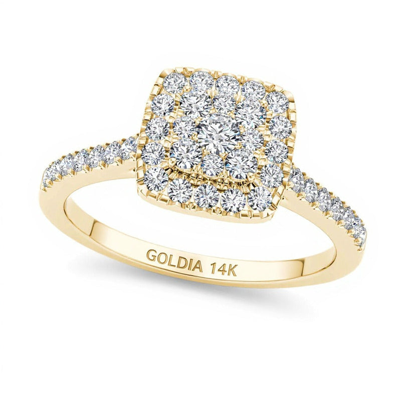 Verlobungsring mit mehreren Diamanten und quadratischem Rahmen 0.5 ct. Gesamtgewicht in 14K Gelbgold