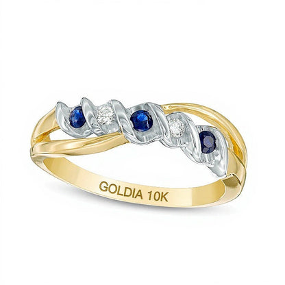 Ring mit blauem Saphir und Diamant-Besatz mit geteilter Schiene in 10K Bicolor-Gold