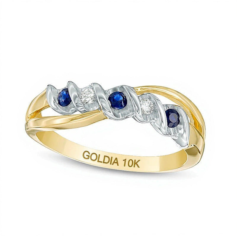 Ring mit blauem Saphir und Diamant-Besatz mit geteilter Schiene in 10K Bicolor-Gold