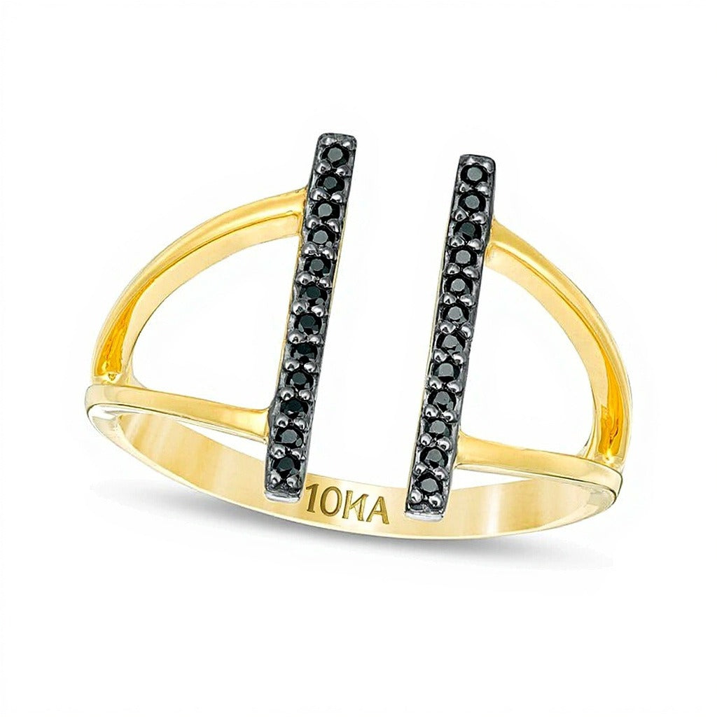 0.1 ct. Gesamtgewicht schwarzer Diamant Ring mit Doppelsteg und offener geteilter Ringschiene in 10K Gelbgold