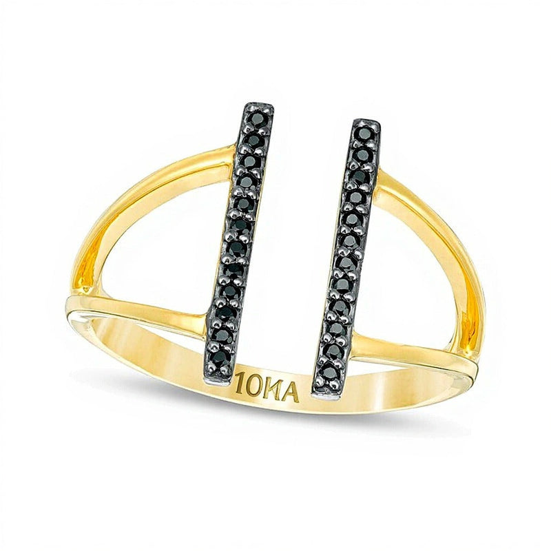 0.1 ct. Gesamtgewicht schwarzer Diamant Ring mit Doppelsteg und offener geteilter Ringschiene in 10K Gelbgold