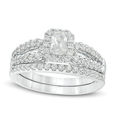 1.0 CT. TW Brautset mit Diamanten im Smaragdschliff, Rahmenfassung und geteilter Schiene in 14K Weißgold (I/I1)