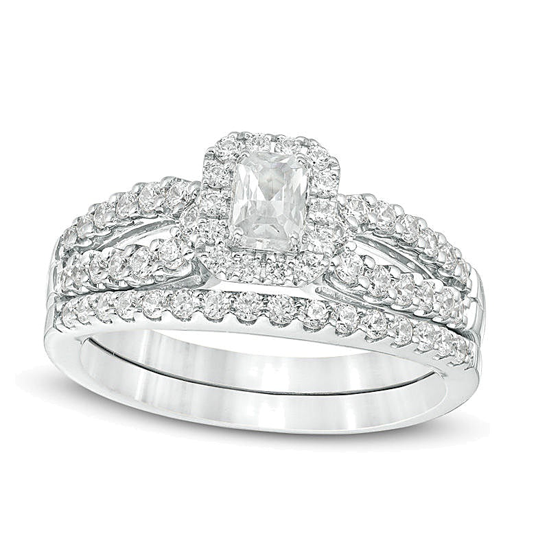 1.0 CT. TW Brautset mit Diamanten im Smaragdschliff, Rahmenfassung und geteilter Schiene in 14K Weißgold (I/I1)