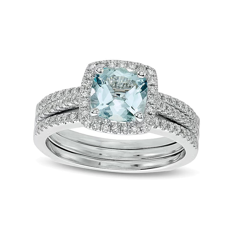 7,0 mm Aquamarin im Kissenschliff und 0,5 ct. Gesamtgewicht Diamant Brautset in 14K Weißgold