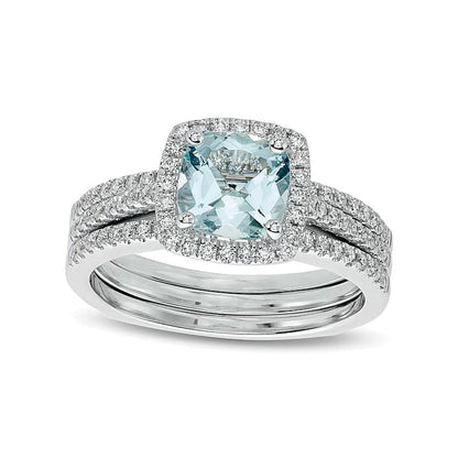 7,0 mm Aquamarin im Kissenschliff und 0,5 ct. Gesamtgewicht Diamant Brautset in 14K Weißgold