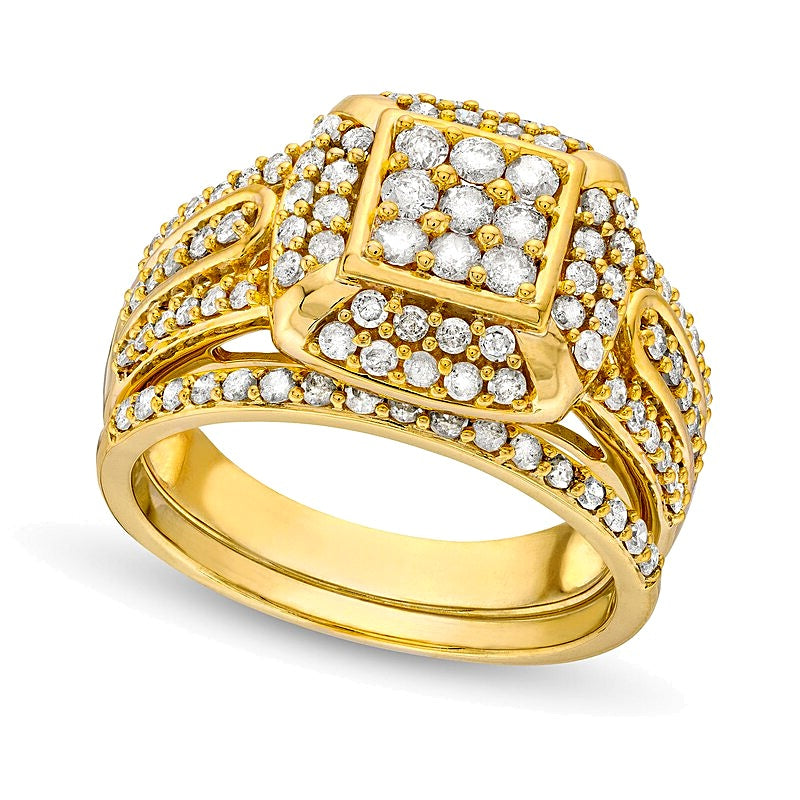 Braut-Set mit weißen Diamanten im Princess-, Kissen- und Rundschliff mit Kissenschliff-Halo, 1.0 ct. Gesamtgewicht, in 10K Gelbgold