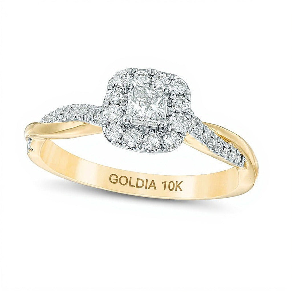 0,38 ct. Gesamtgewicht Verlobungsring mit Diamanten im Princess- und Rundschliff, Halo mit Twist-Design, in 10K Gelbgold