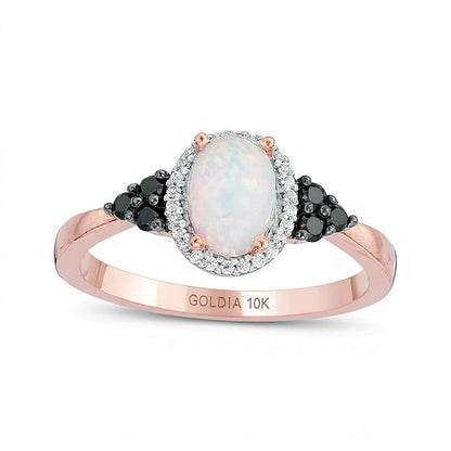 Ring mit ovalem im Labor erzeugtem Opal und behandeltem schwarzem und weißem Diamant 0,17 ct. Gesamtgewicht im Halo in 10K Roségold