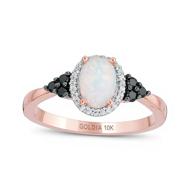 Ring mit ovalem im Labor erzeugtem Opal und behandeltem schwarzem und weißem Diamant 0,17 ct. Gesamtgewicht im Halo in 10K Roségold