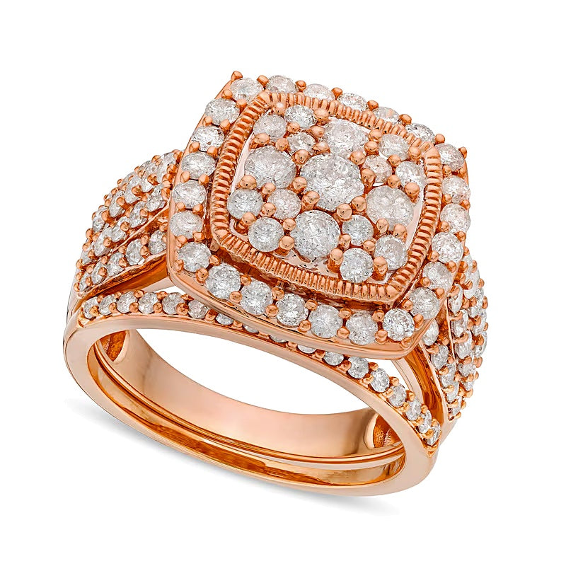 2.0 ct. Gesamtgewicht Brautset mit weißen Diamanten im Kissenschliff und rund, Vintage-Stil, in 10K Roségold