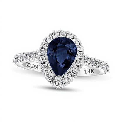 Fashion-Ring mit tropfenförmigem blauem Saphir und 0,38 ct. Gesamtgewicht Diamanten in 14K Weißgold