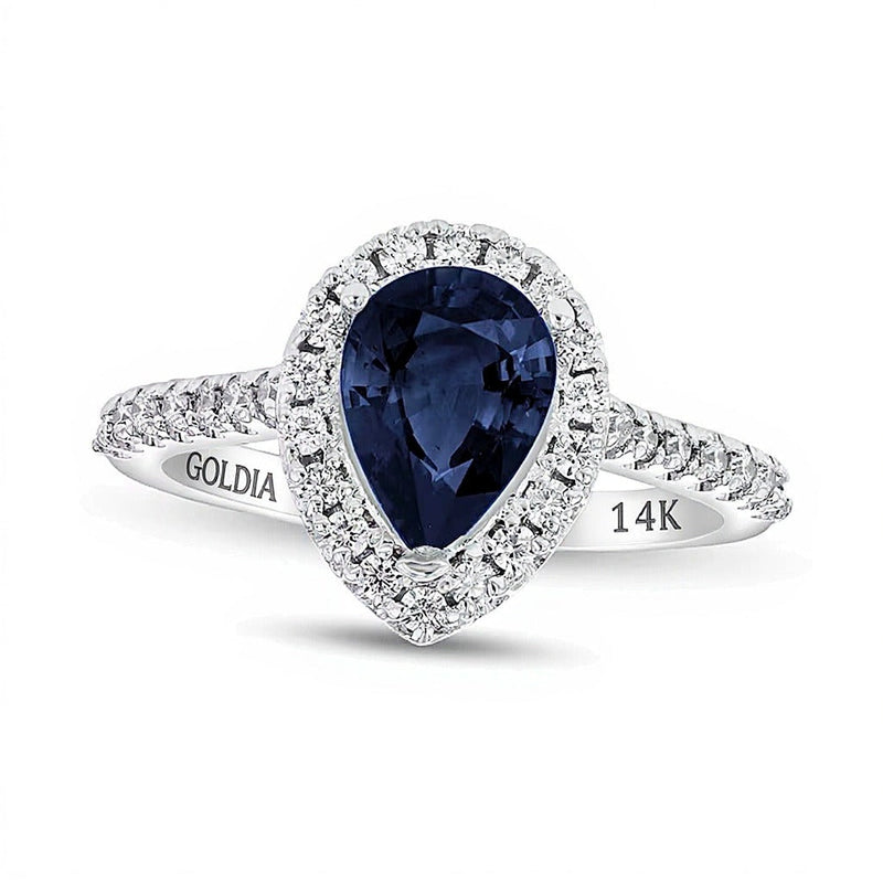 Fashion-Ring mit tropfenförmigem blauem Saphir und 0,38 ct. Gesamtgewicht Diamanten in 14K Weißgold