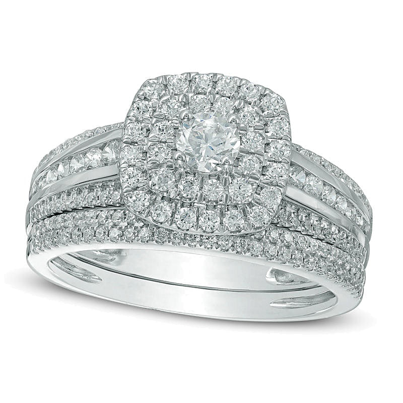 Brautset mit Diamanten 1.0 ct. Gesamtgewicht, rund & Kissenschliff, doppelter Kissenschliff-Rahmen, 10K Weißgold