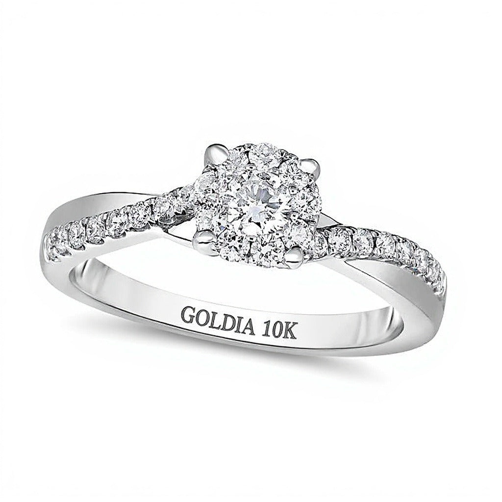 0.5 ct. Gesamtgewicht Diamant-Verlobungsring mit Halo und gedrehtem Ringschienen-Design in 10K Weißgold