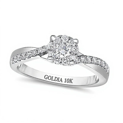 0.5 ct. Gesamtgewicht Diamant-Verlobungsring mit Halo und gedrehtem Ringschienen-Design in 10K Weißgold