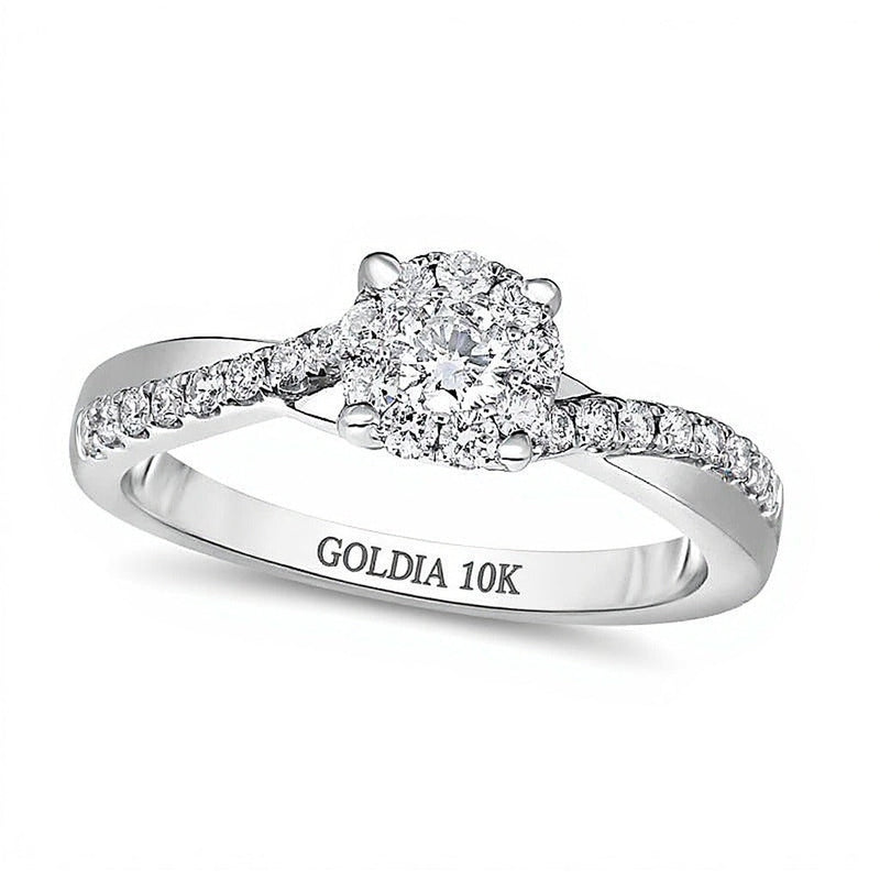 0.5 ct. Gesamtgewicht Diamant-Verlobungsring mit Halo und gedrehtem Ringschienen-Design in 10K Weißgold