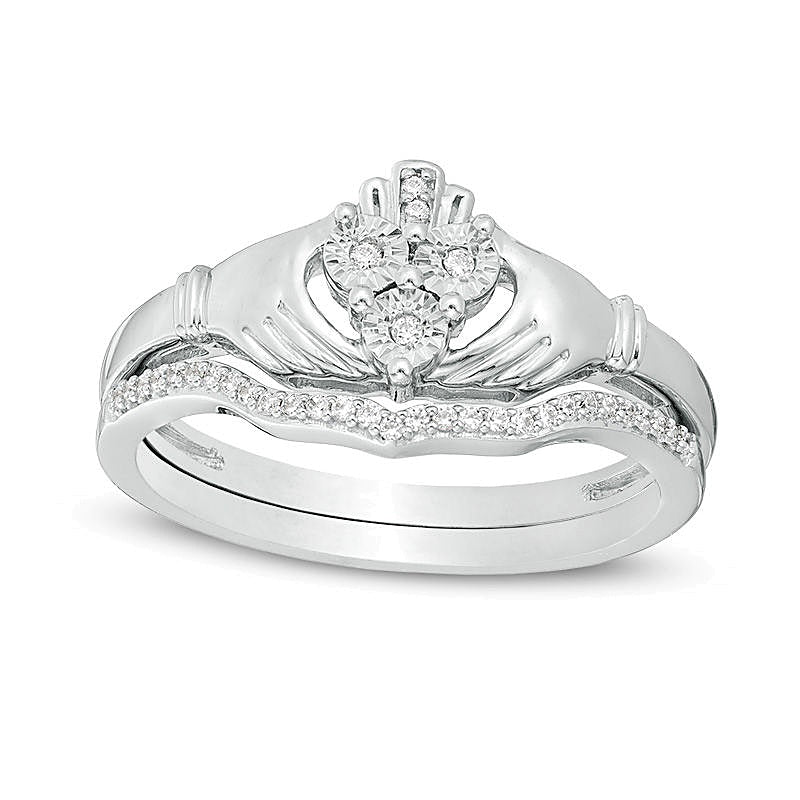 0.1 ct. Gesamtgewicht Diamant Claddagh Brautset in rhodiniertem Sterlingsilber