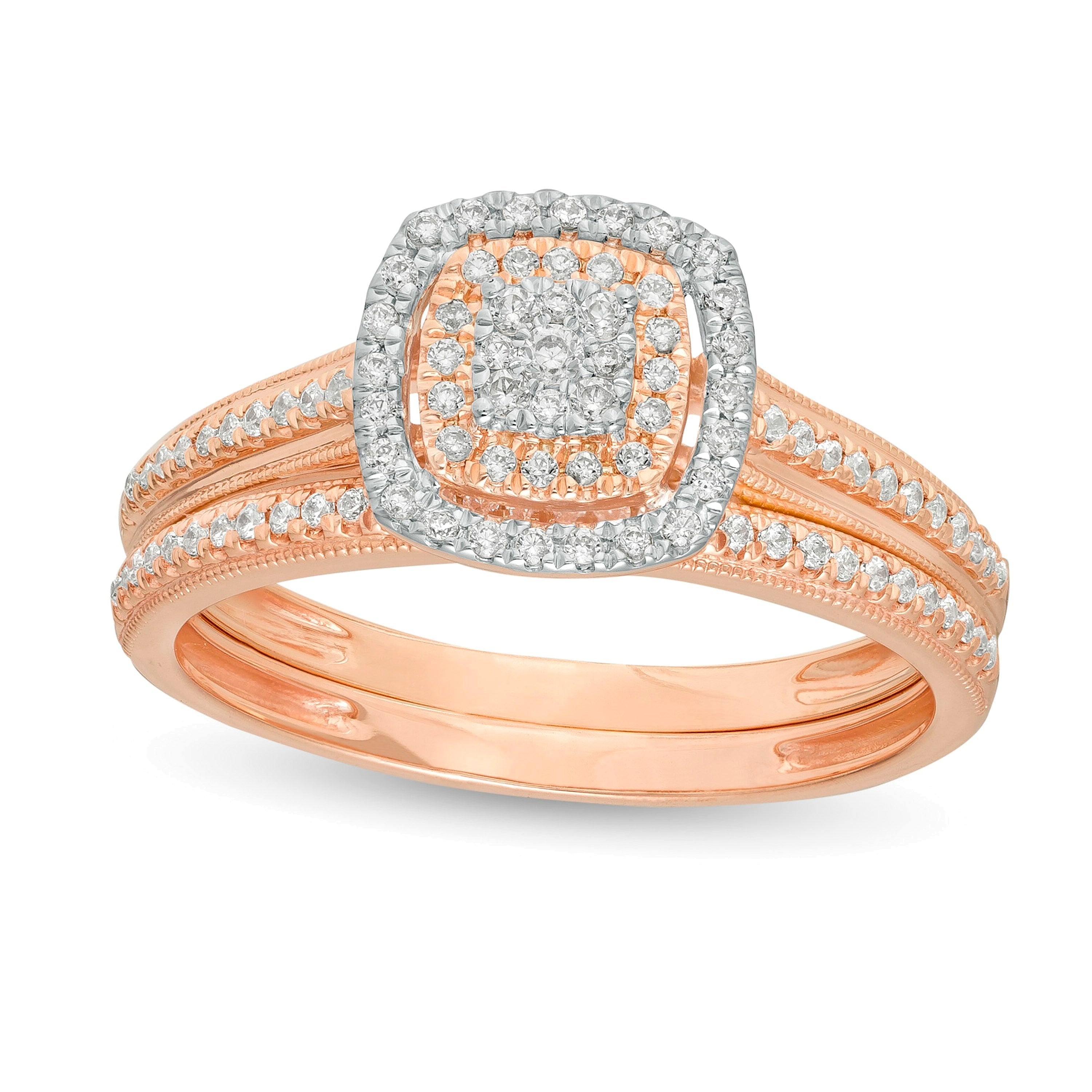 0.33 ct. Gesamtgewicht Komposit-Diamant Brautset im Vintage-Stil mit doppeltem Kissenschliff-Rahmen in 10K Roségold