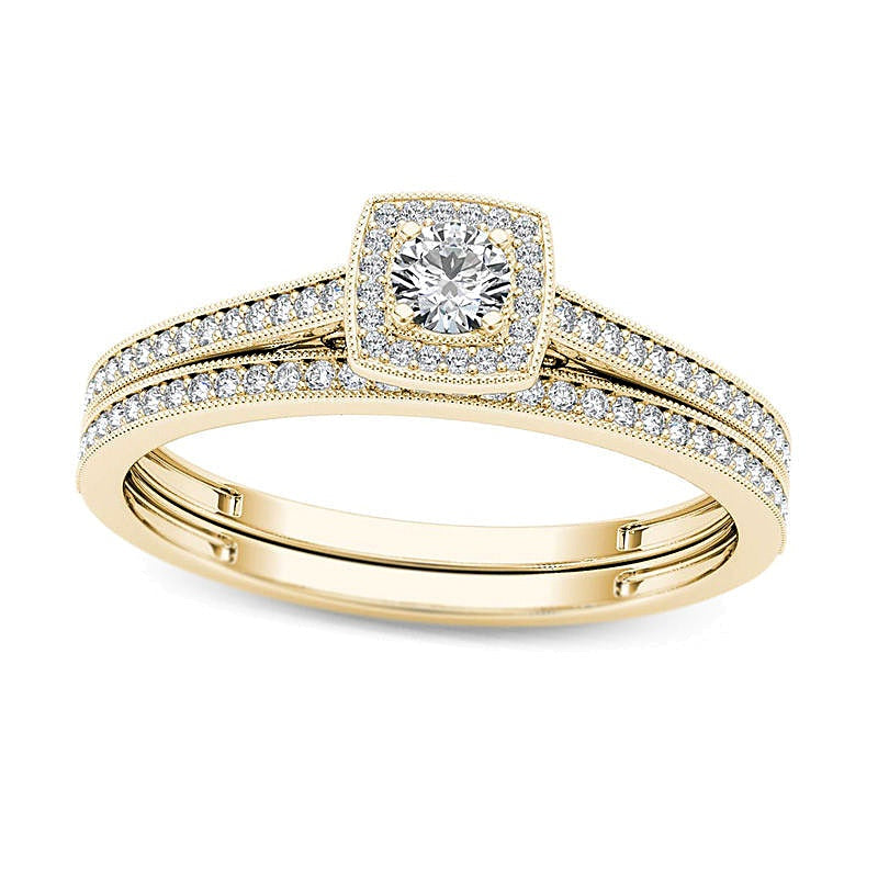 0,33 ct. Gesamtgewicht Diamant Braut-Set im Vintage-Stil mit Kissenschliff-Rahmen in 14K Gelbgold
