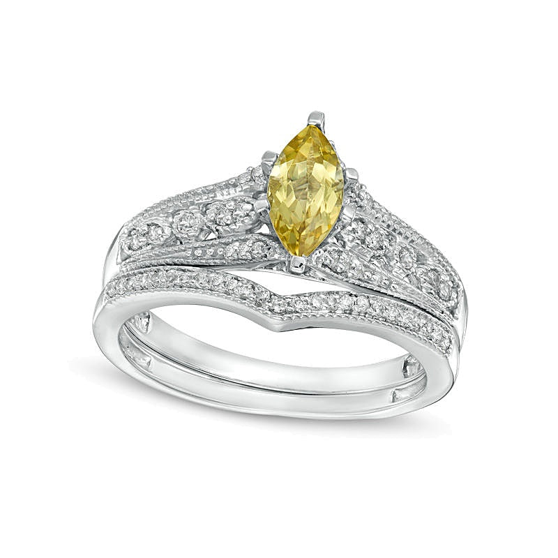 Braut-Set mit Beryll im Marquise-Schliff in Gelb und 0,2 ct. Gesamtgewicht Diamanten im Vintage-Stil in 10K Weißgold