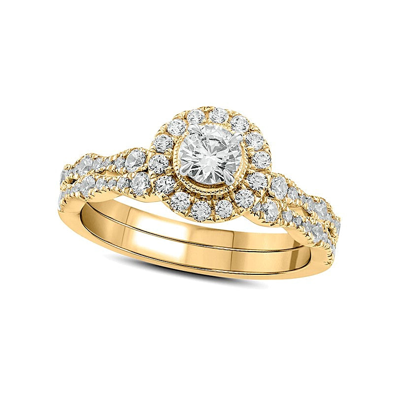 Braut-Set mit Diamanten 1.0 ct. Gesamtgewicht im Vintage-Stil mit Rahmen in 10K Gelbgold