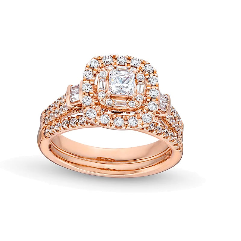 1.0 CT. Gesamtgewicht Braut-Set mit Diamanten im Princess-Schliff und Halo im Kissenschliff, zweireihig, in 10K Roségold