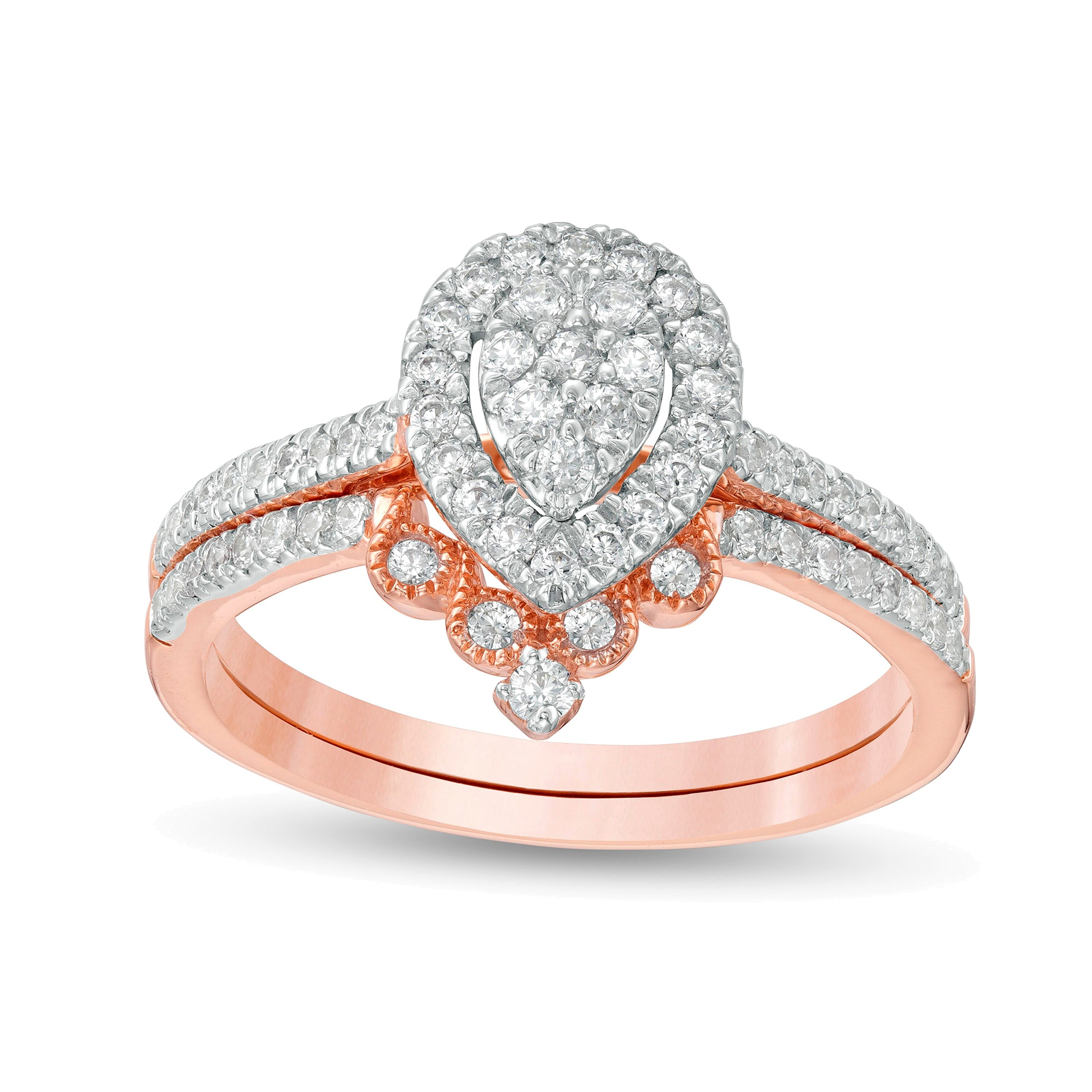 Braut-Set mit Diamanten im Tropfen- und Rundschliff als Komposit-Halo, 0.5 ct. Gesamtgewicht, in 10K Roségold