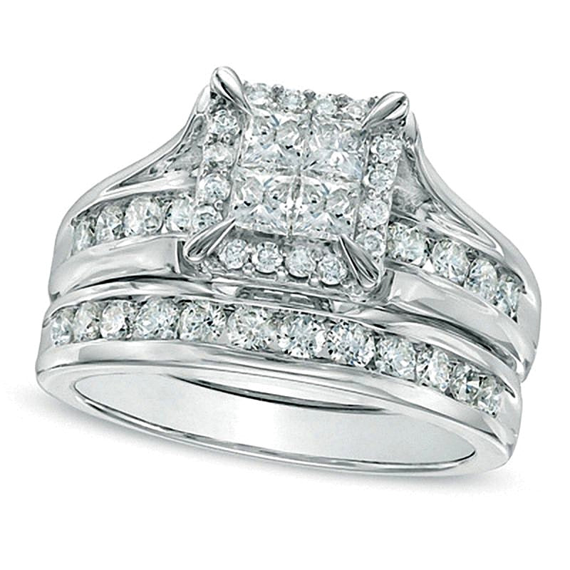 Braut-Set mit Diamanten im Princess- und Rundschliff, 1.5 ct. Gesamtgewicht, in 14K Weißgold
