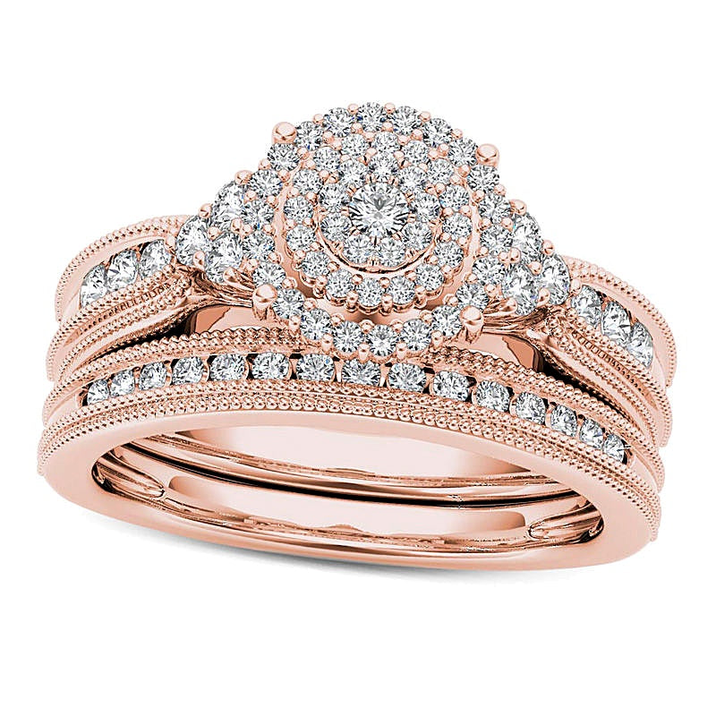 Braut-Set mit Diamanten 0.5 ct. Gesamtgewicht im Vintage-Stil mit dreifachem Rahmen in 10K Roségold