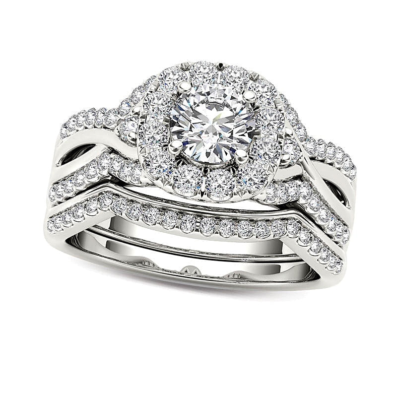 Braut-Set mit Diamanten 1.25 ct. Gesamtgewicht, rund, gedrehte Schiene mit Halo, in 14K Weißgold