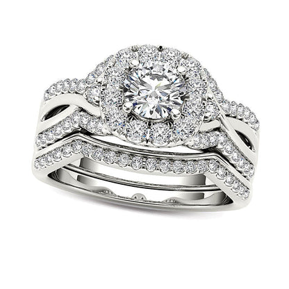 Braut-Set mit Diamanten 1.25 ct. Gesamtgewicht, rund, gedrehte Schiene mit Halo, in 14K Weißgold