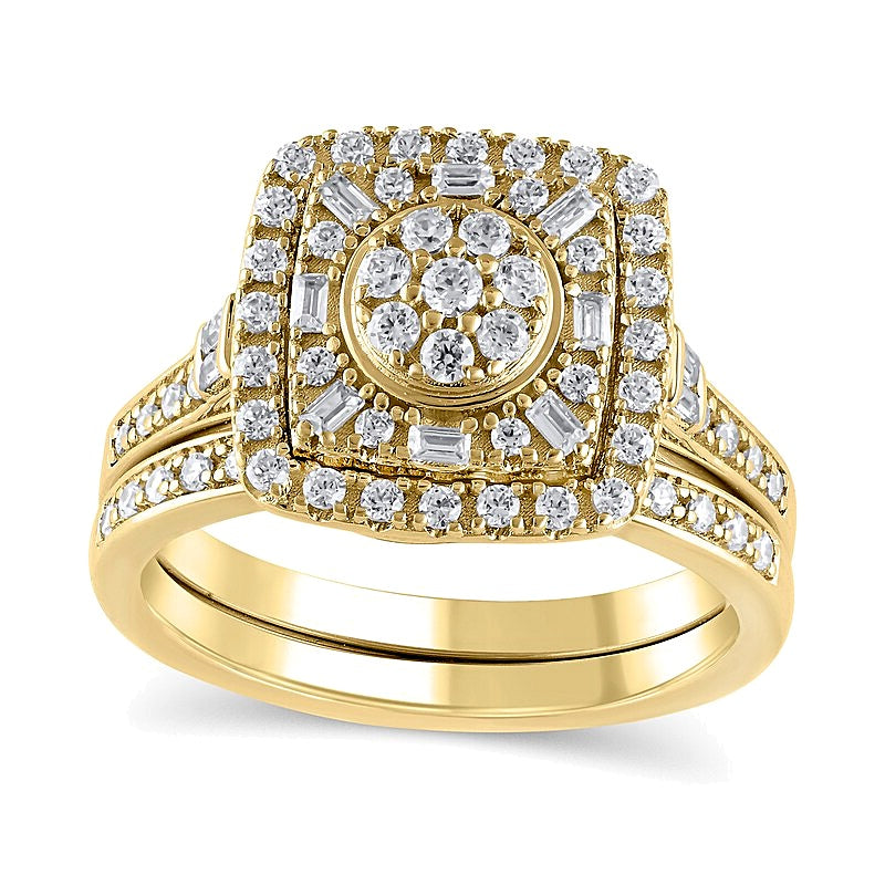 0.5 ct. Gesamtgewicht Multi-Diamant Brautset mit Kissenschliff-Rahmen in 10K Gelbgold