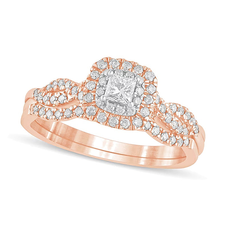 0,5 ct. Gesamtgewicht Braut-Set mit Diamanten im Princess-, Rund- und Kissenschliff in 10K Roségold