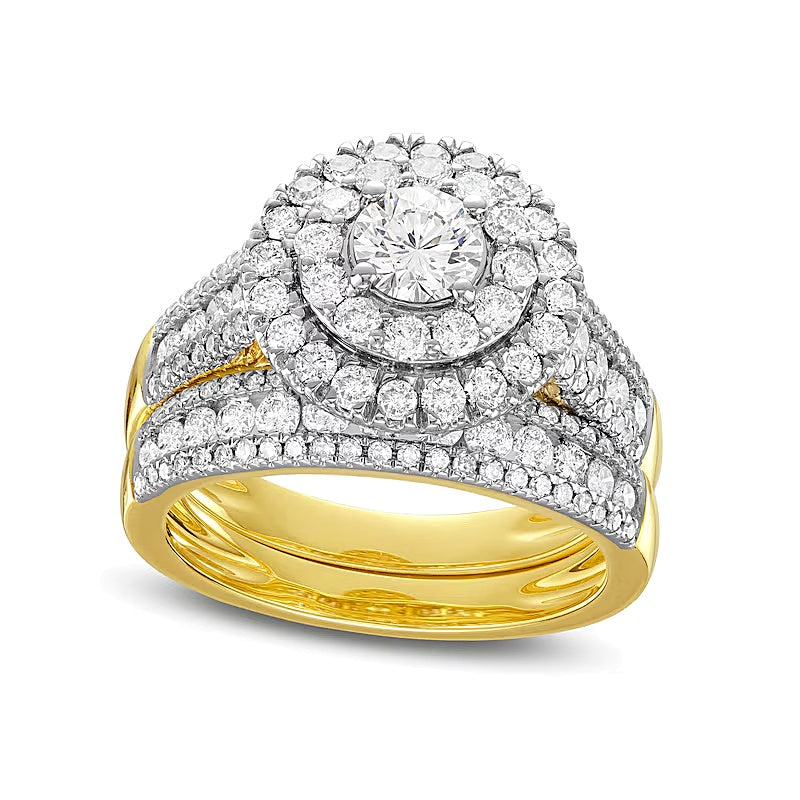 2.0 ct. Gesamtgewicht Diamant-Brautset mit doppeltem Rahmen und dreireihigem Design in 10K Gelbgold