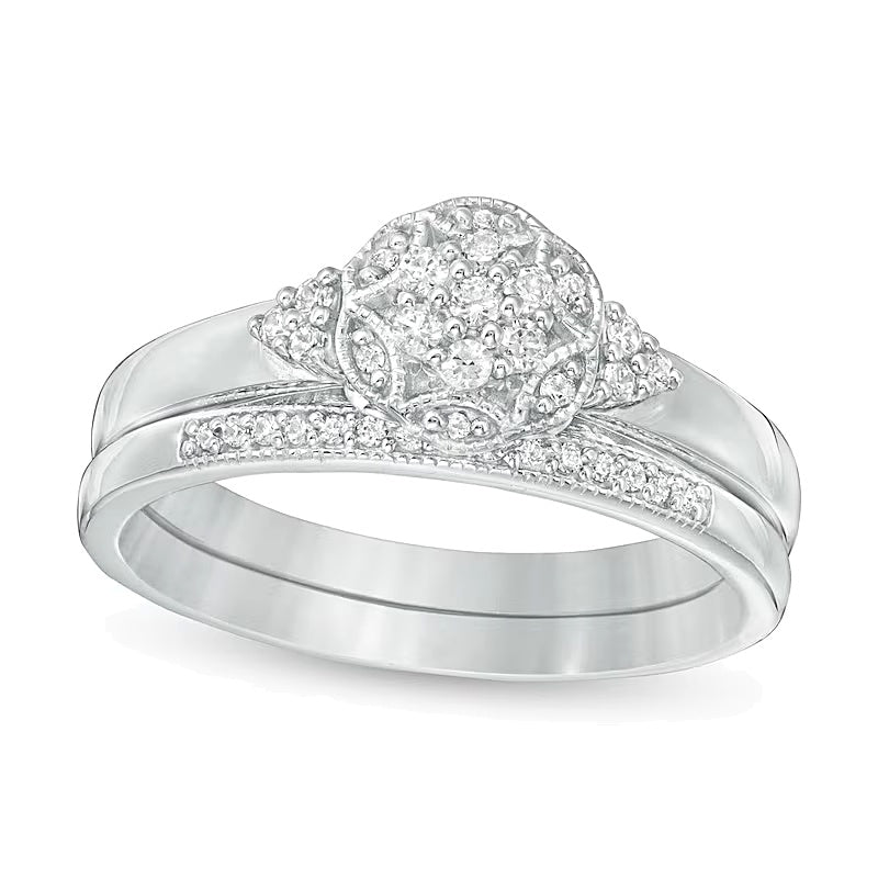 0.25 ct. Gesamtgewicht Komposit-Diamant Braut-Set im Vintage-Stil mit sechseckigem Rahmen aus rhodiniertem Sterlingsilber 925
