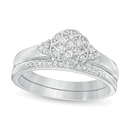 0.25 ct. Gesamtgewicht Komposit-Diamant Braut-Set im Vintage-Stil mit sechseckigem Rahmen aus rhodiniertem Sterlingsilber 925