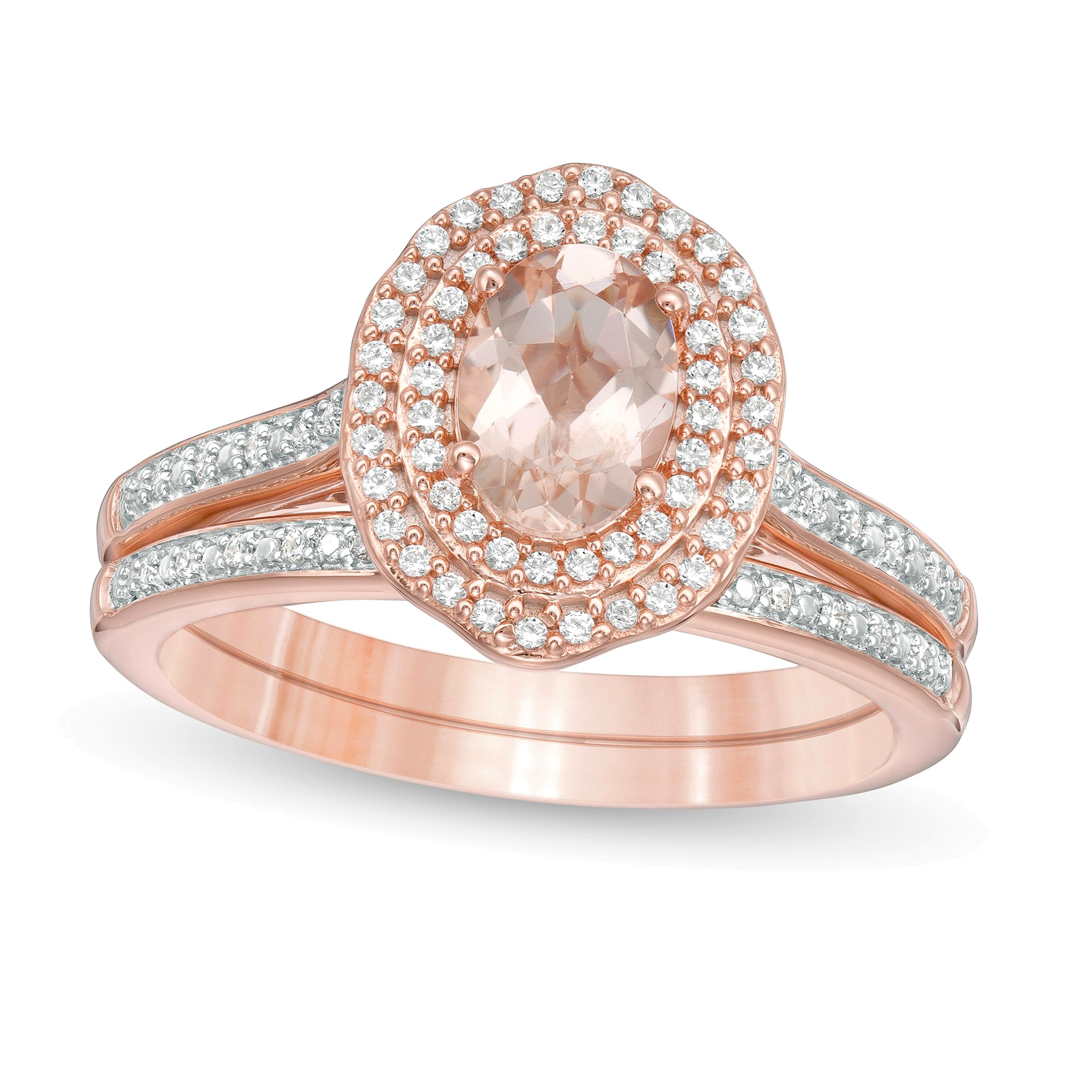 Braut-Set mit ovalem Morganit und 0,25 ct. Gesamtgewicht Diamanten im floralen Double-Frame-Design in 10K Roségold