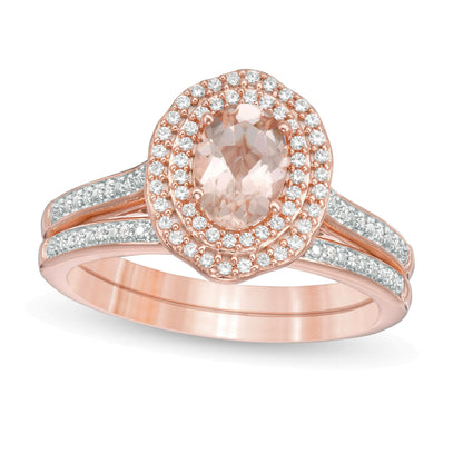 Braut-Set mit ovalem Morganit und 0,25 ct. Gesamtgewicht Diamanten im floralen Double-Frame-Design in 10K Roségold