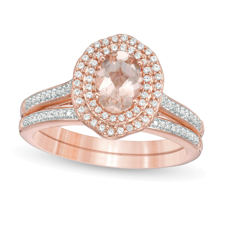 Braut-Set mit ovalem Morganit und 0,25 ct. Gesamtgewicht Diamanten im floralen Double-Frame-Design in 10K Roségold