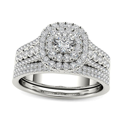 1.0 ct. Gesamtgewicht Diamant Brautset mehrreihig mit doppeltem Kissenschliff-Halo in 14K Weißgold