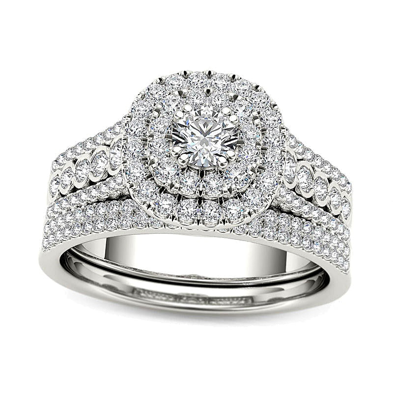 1.0 ct. Gesamtgewicht Diamant Brautset mehrreihig mit doppeltem Kissenschliff-Halo in 14K Weißgold