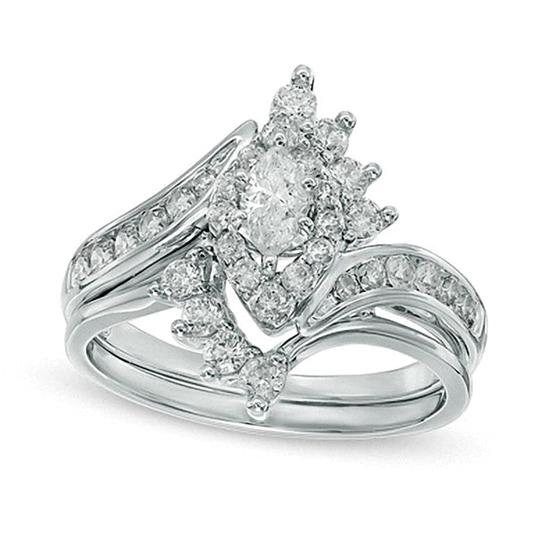 Braut-Set mit Diamanten im Marquise- und Rundschliff 1.0 CT. Gesamtgewicht in 14K Weißgold
