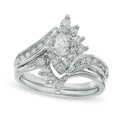 Braut-Set mit Diamanten im Marquise- und Rundschliff 1.0 CT. Gesamtgewicht in 14K Weißgold