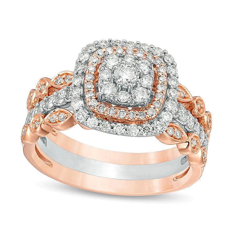 0.88 ct. Gesamtgewicht Komposit-Diamant Braut-Set im Art-déco-Vintage-Stil mit doppeltem Kissenschliff-Rahmen aus 14K Two-Tone Gold