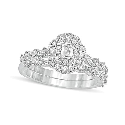Braut-Set mit Diamanten im Smaragdschliff 0.63 ct. Gesamtgewicht in 10K Weißgold